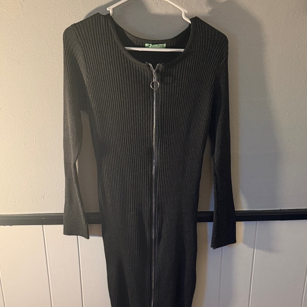 Black Ribbed Zip-Up Dress